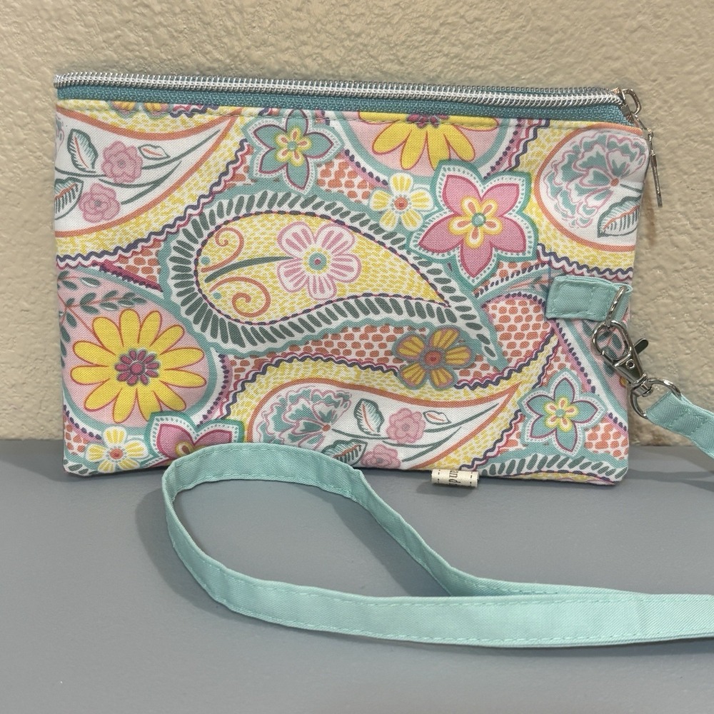 Pastel Paisley, Wristlet Wallet,‎ Zip Strap Storage Bag Pouch Pink Blue Yellow